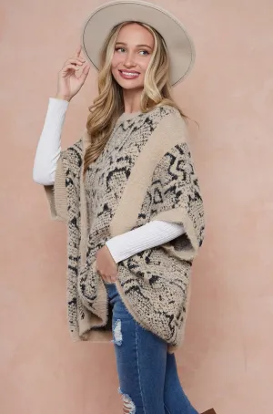 Animal Print Poncho Kimono Style Fuzzy Knit Sweater