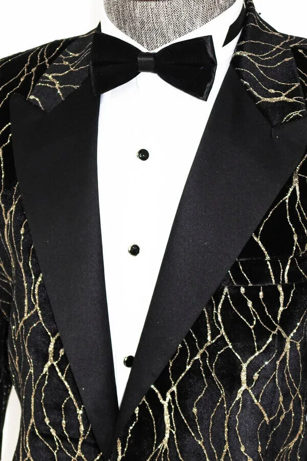 Gold Patterned Over Black Velvet Men Evening Tuxedo Blazer - Wessi