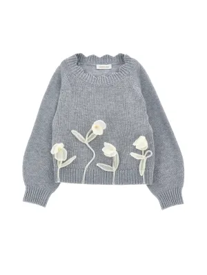 Grey Knit Tulip Applique Sweater