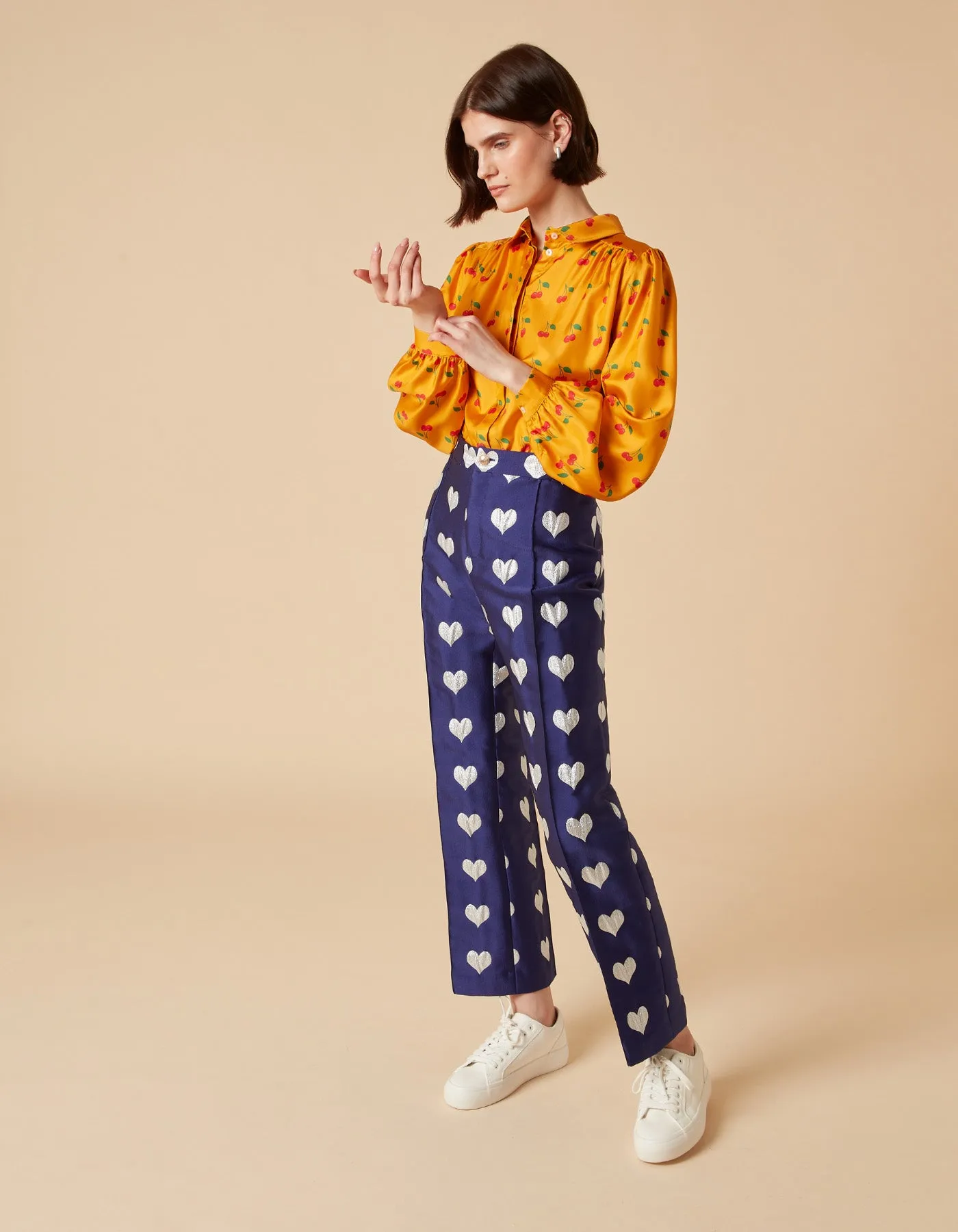 Hetty Blue Heart Print Silk Jacquard Trousers