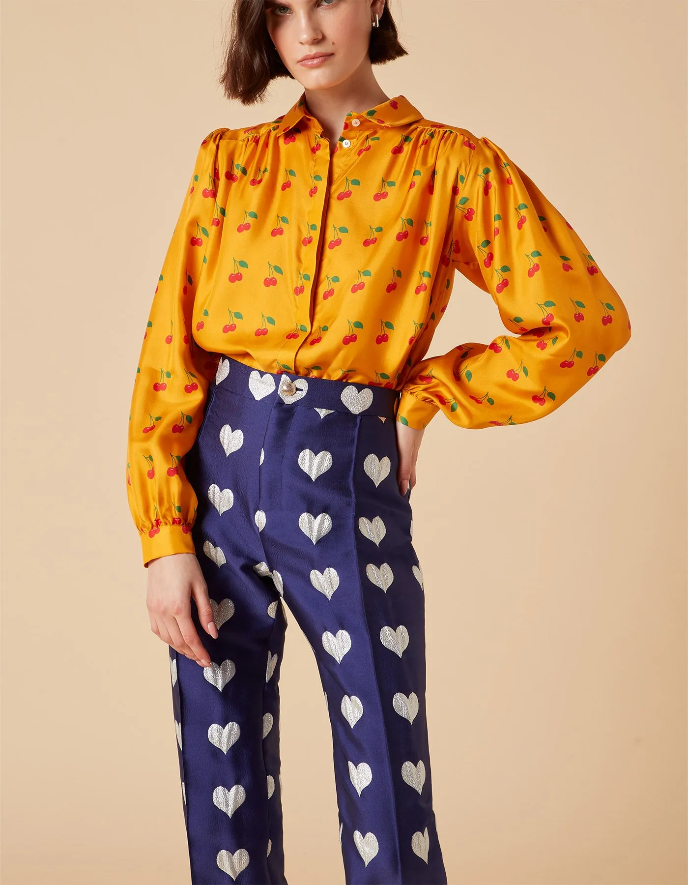 Hetty Blue Heart Print Silk Jacquard Trousers