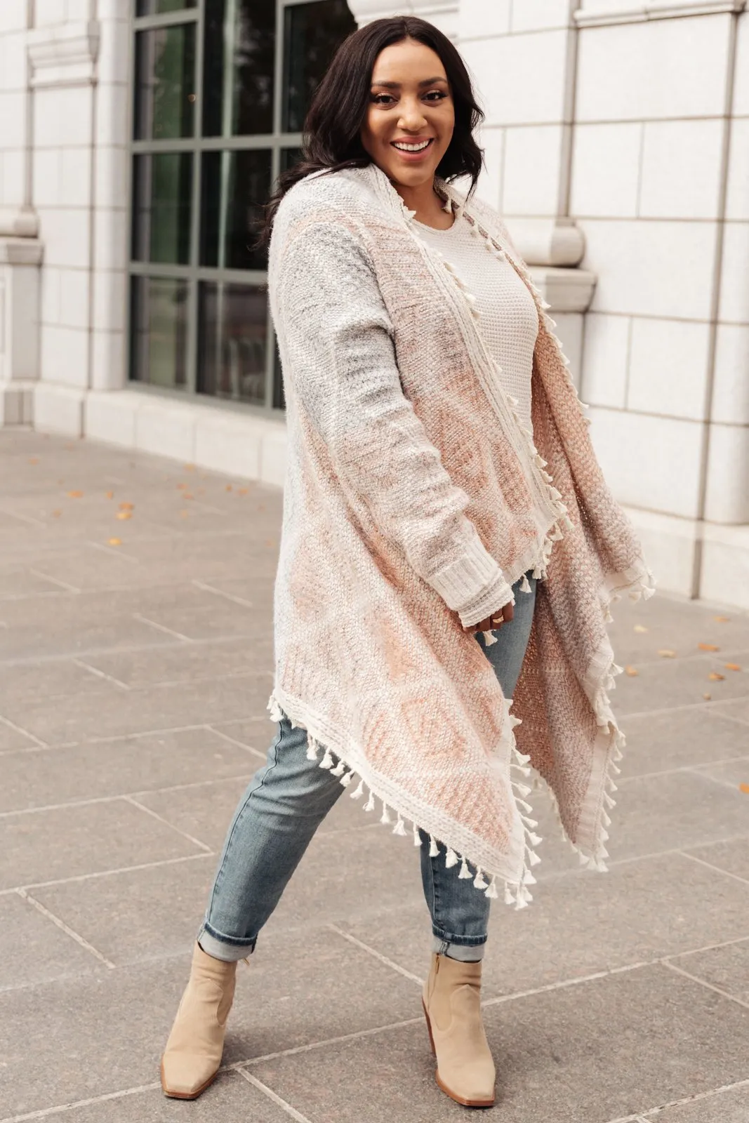 Lined with Tassel Cardigan in Mauve/Blue