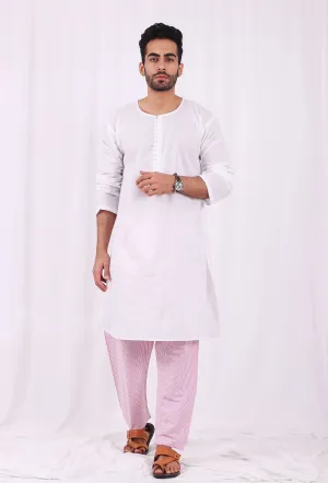 Set of 2: White Cotton kurta with Pink Striped Pajama