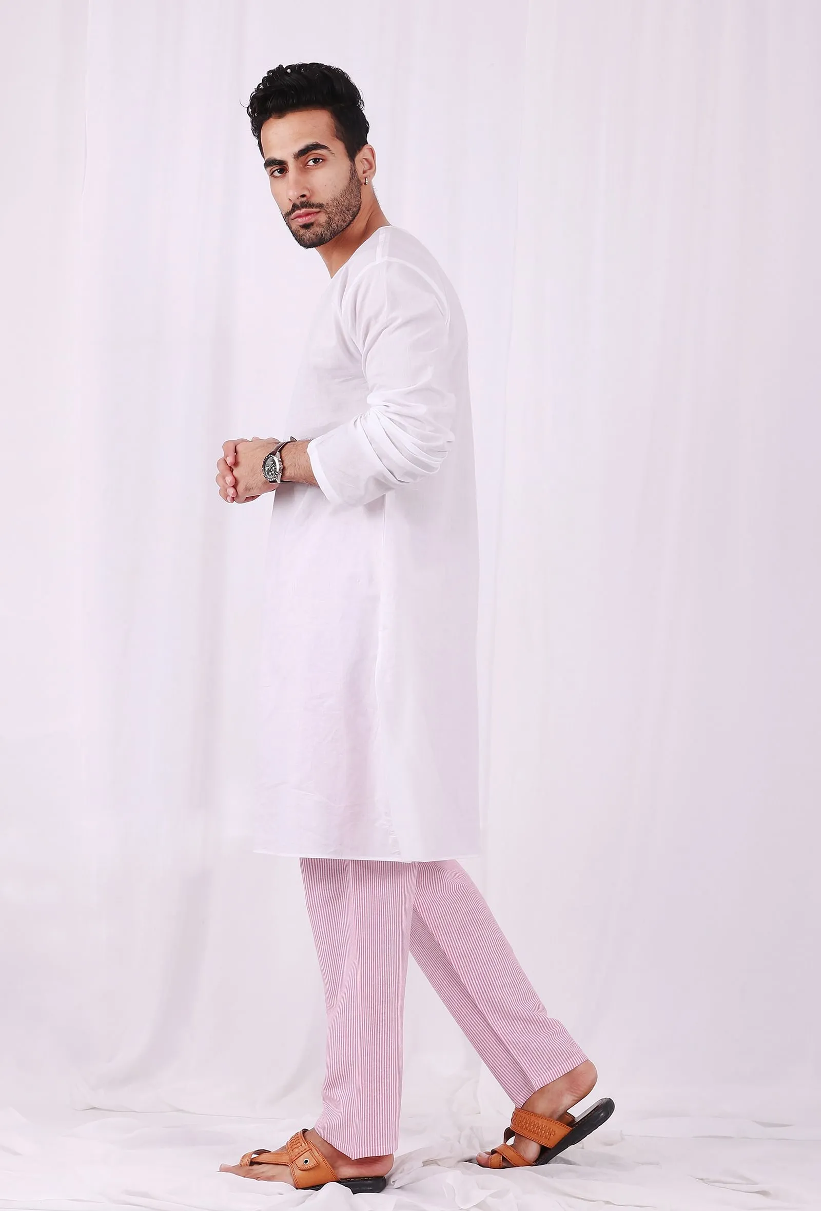 Set of 2: White Cotton kurta with Pink Striped Pajama