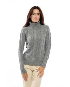 Women's Pure Cashmere Cable Knit Turtleneck Sweater Melange Gray